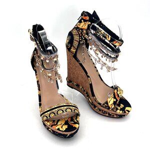 Shoedazzle Pomeline Textile Cork Wedge Heels Womens Size 9 Black Yellow Floral